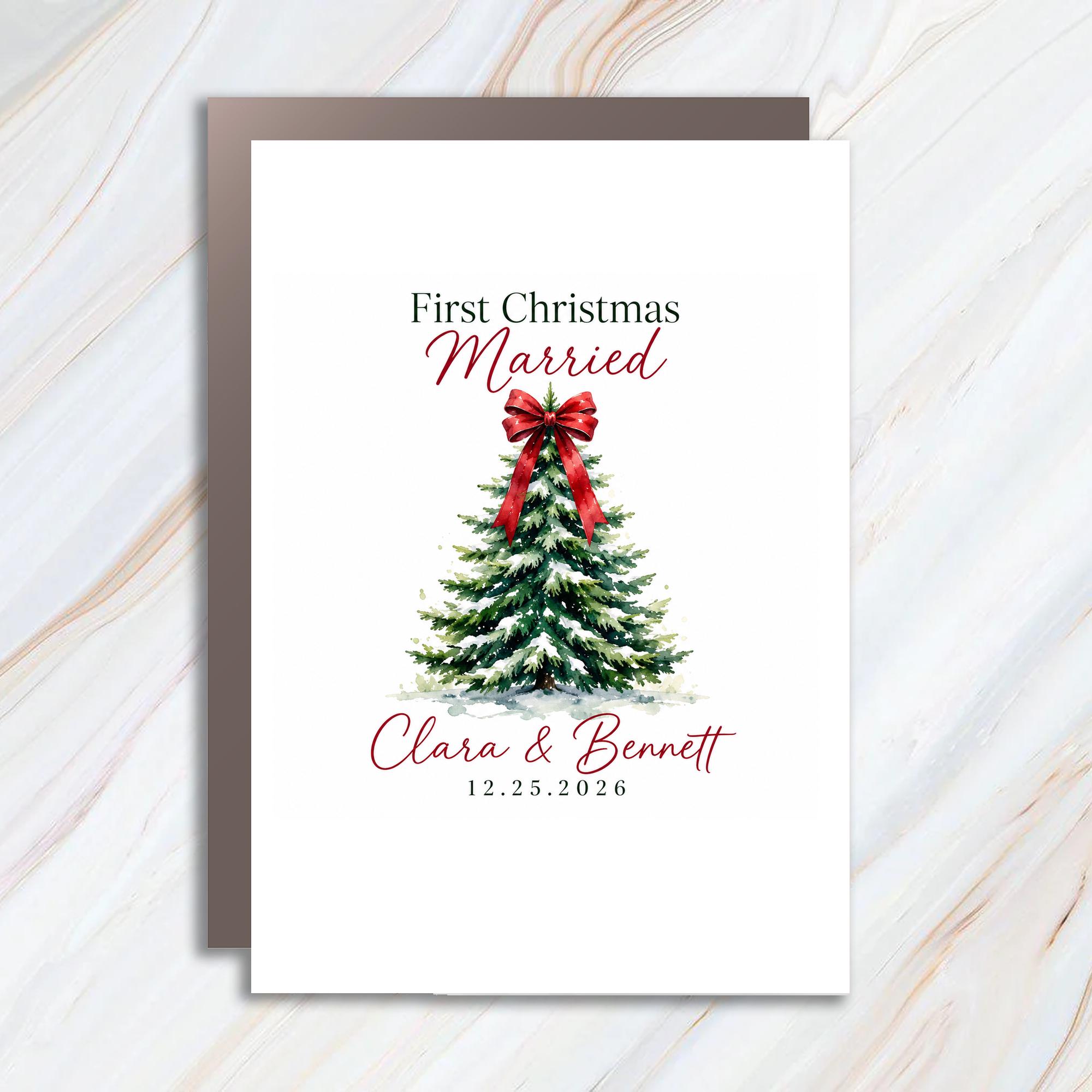 First Christmas Married Card Newlywed Christmas Card Personalized Holiday Card For Couple Watercolor Tree With Bow C1177