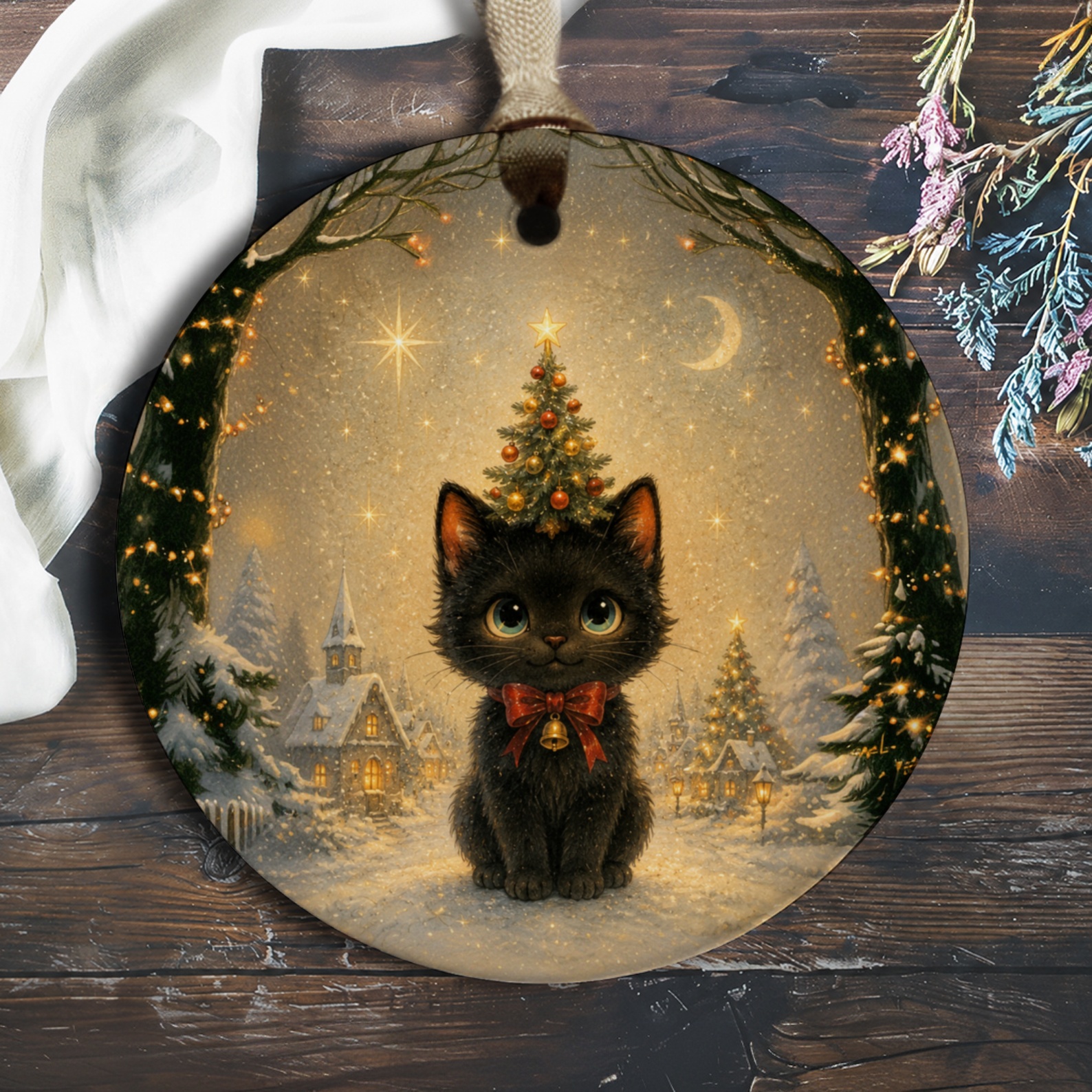 Black Cat Christmas Ornament Cute Holiday Decor Winter Wonderland Scene Festive Tree Decoration For Cat Lovers O1160