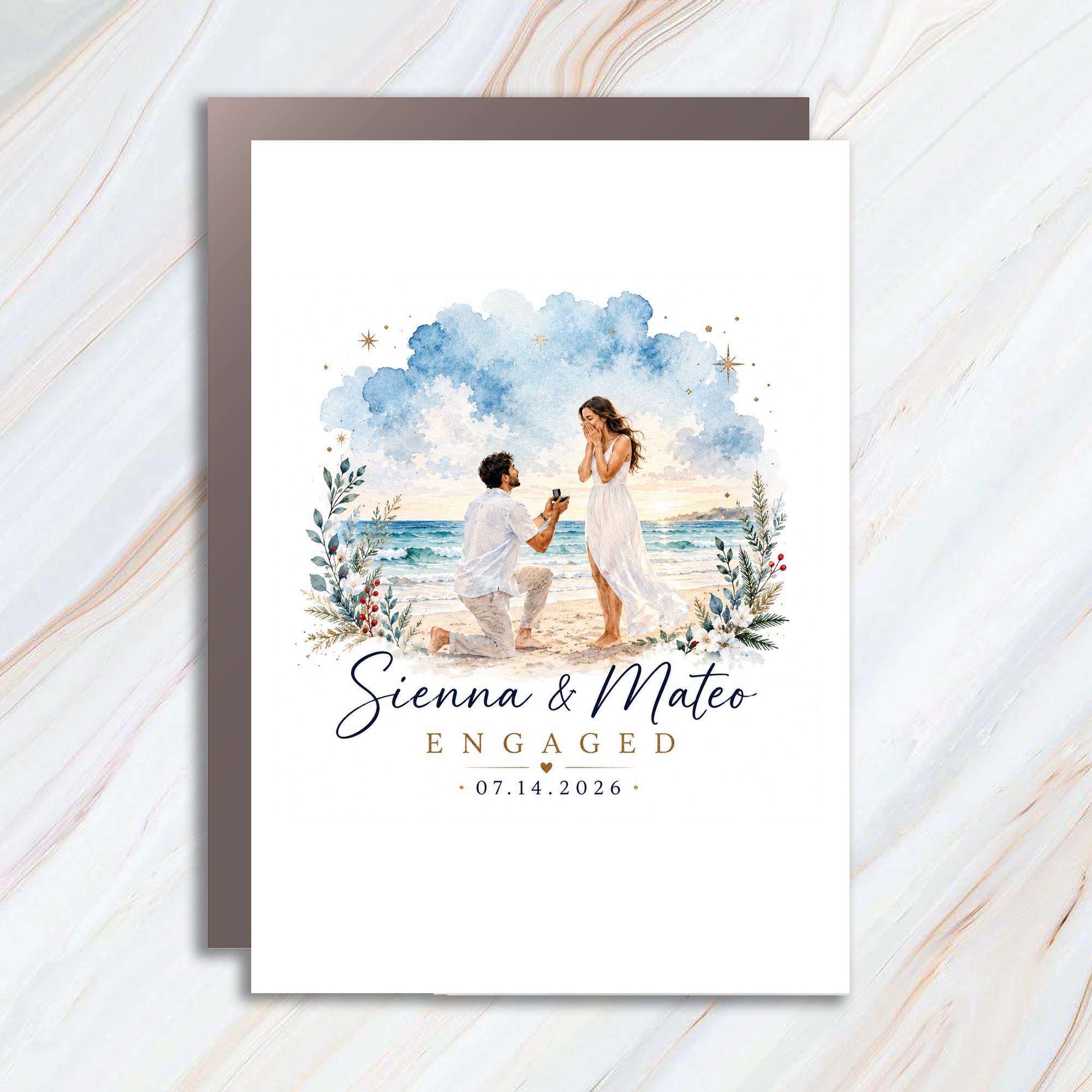 Personalized Engagement Card Beach Proposal Scene Romantic Wedding Announcement For Couple C1179