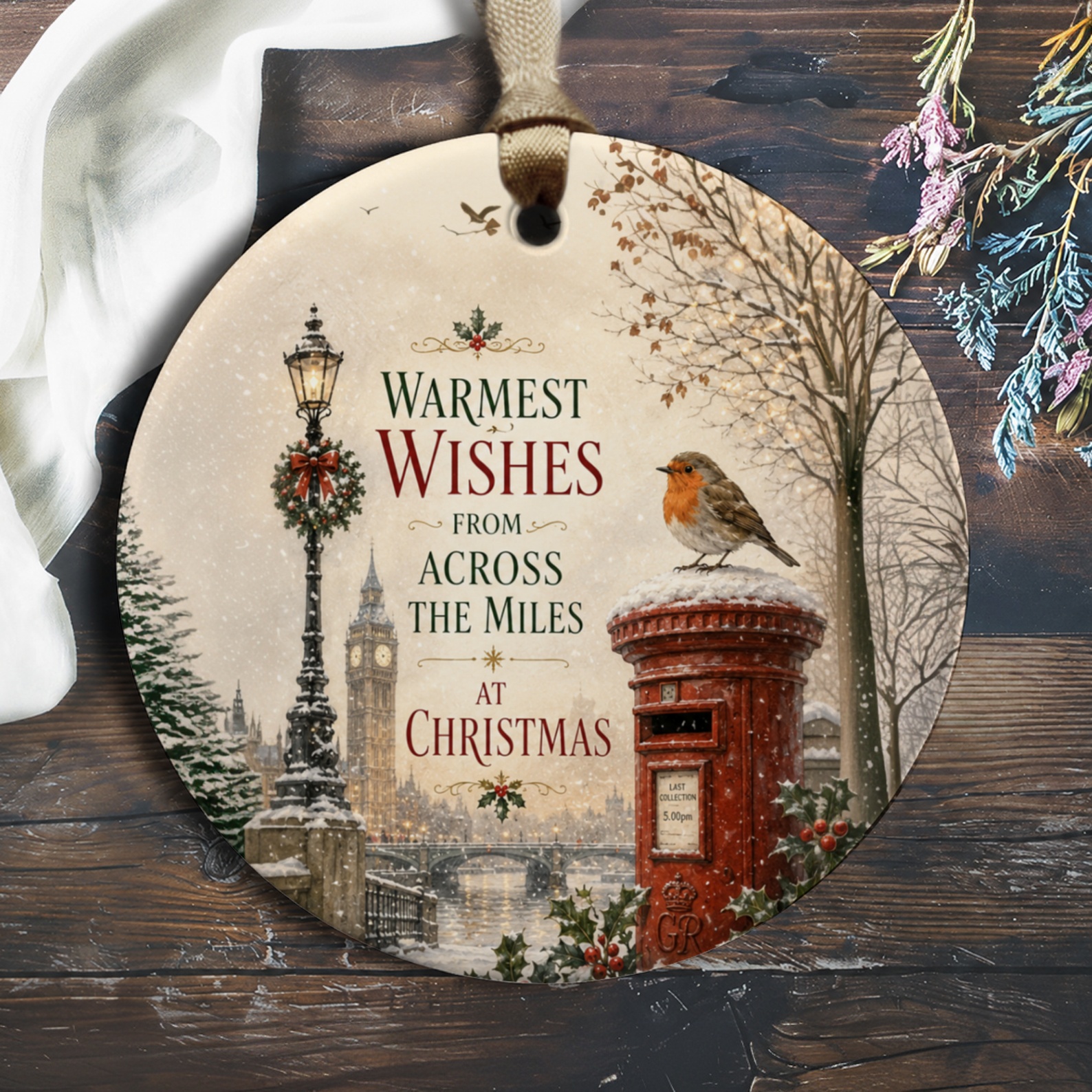 Warmest Wishes From Across The Miles At Christmas Ornament Winter Scene Robin Postbox Holiday Decor Gift O1163