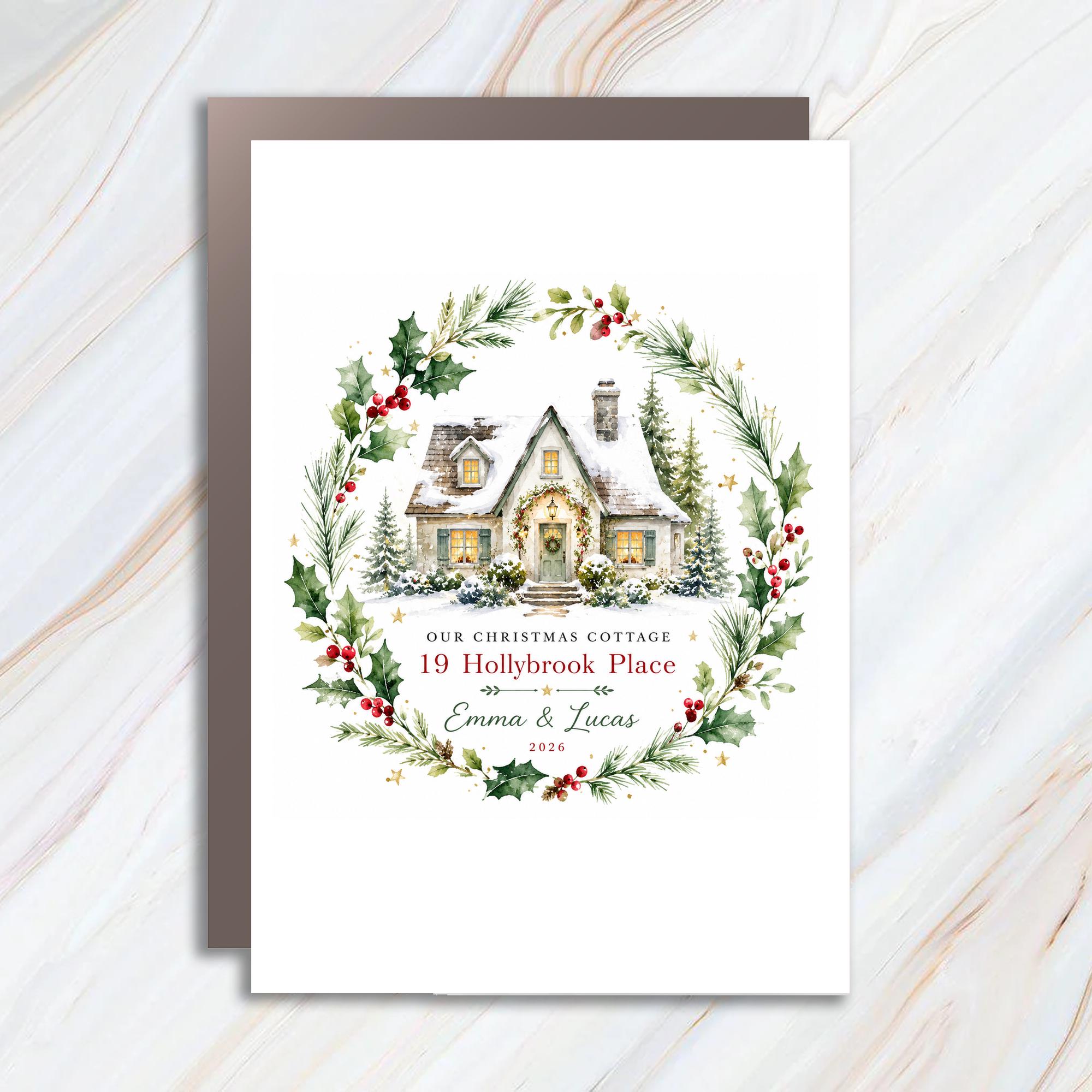 Our Christmas Cottage Personalized Christmas Card Holiday Greeting Card Custom Family Name Card Winter Cottage C1183