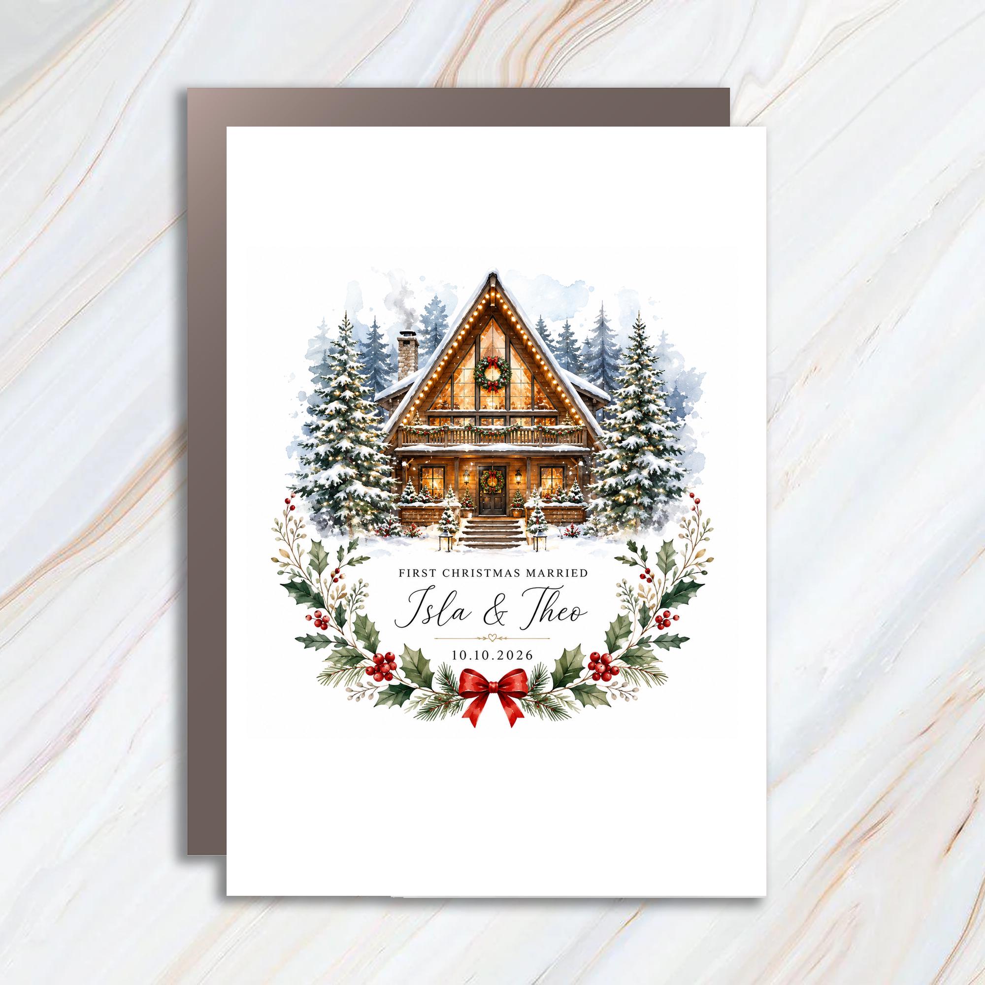 Custom First Christmas Married Personalized Christmas Card Newlyweds Holiday Greeting Cozy Cabin C1184