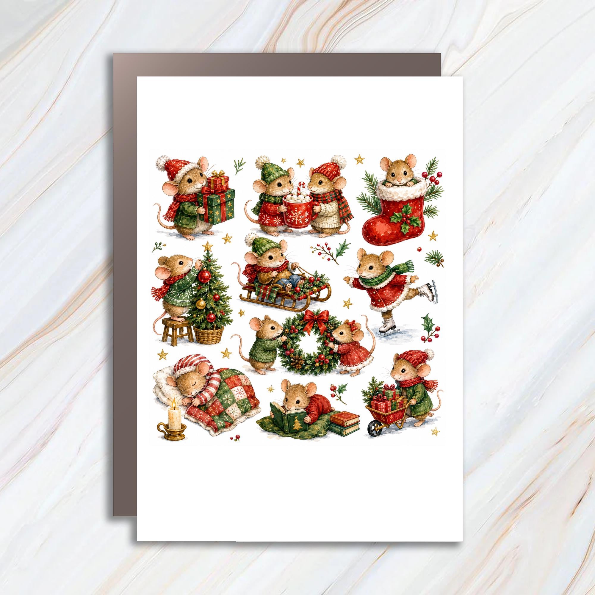 Cute Mice Christmas Card Holiday Greeting Card Adorable Animal Card For Kids Family Festive Winter Scene C1195