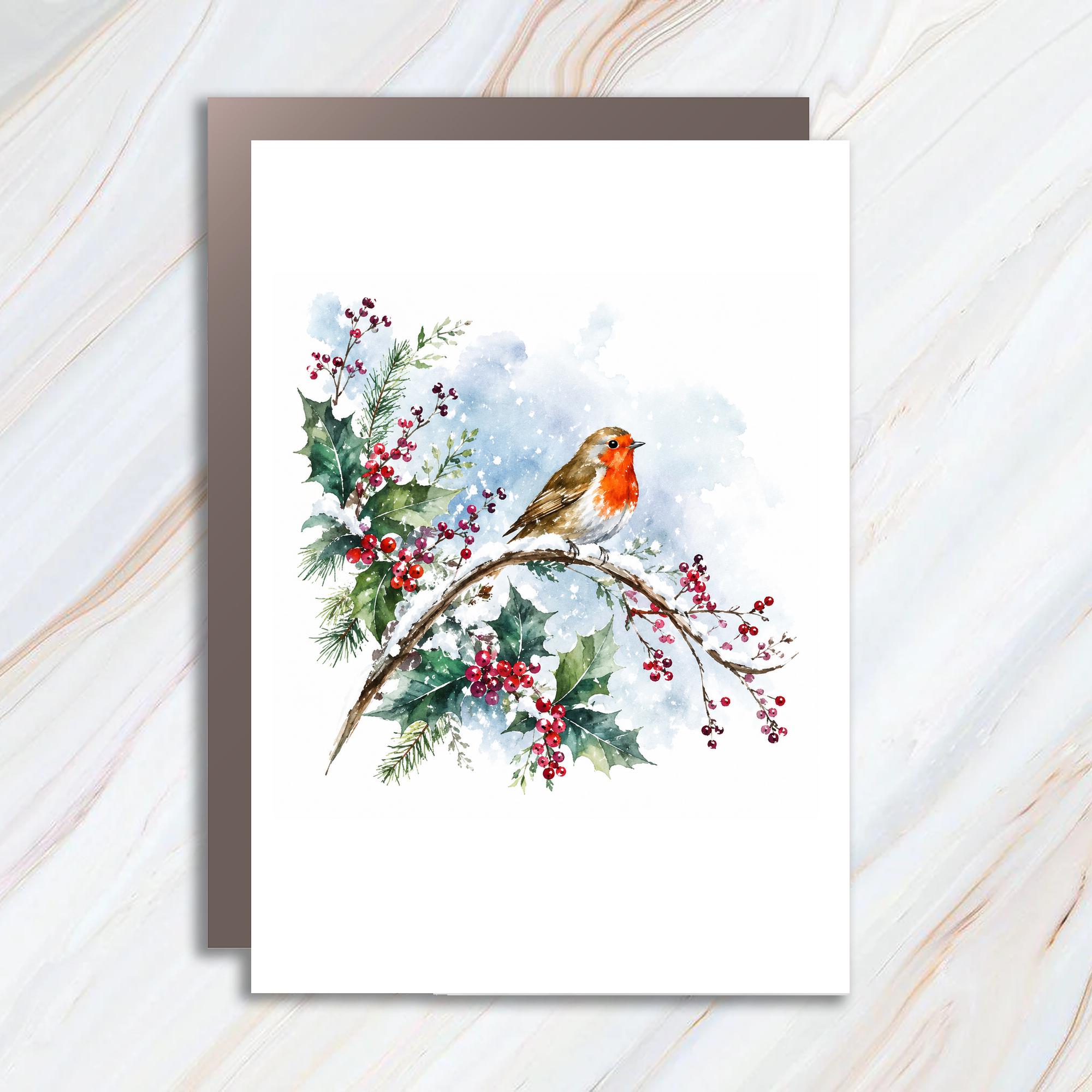 Robin Christmas Card Watercolor Bird Greeting Card Winter Holiday Card For Nature Lover Festive Holly Snowy Branch Art C1193