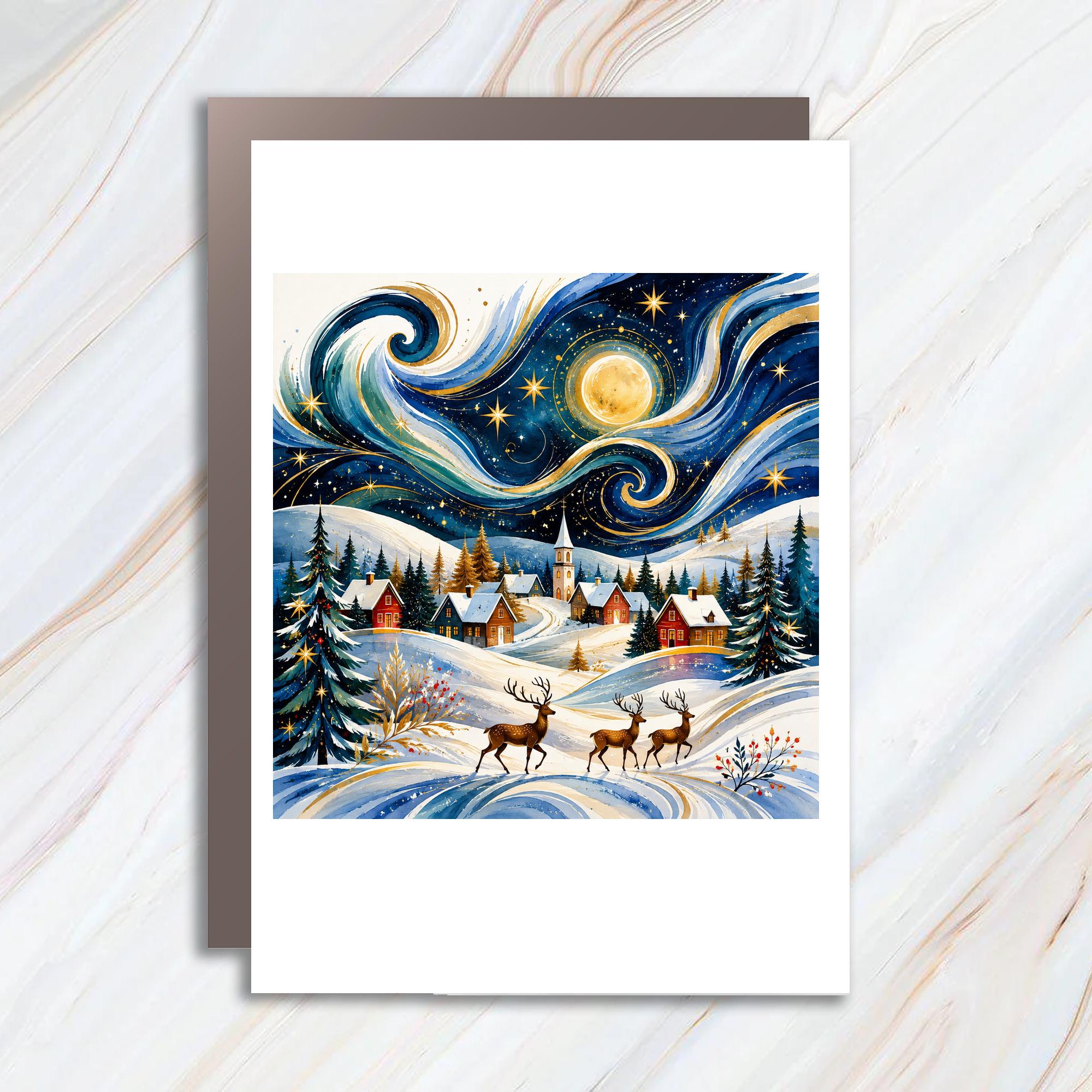 Winter Village Scene Christmas Card Starry Night Reindeer Holiday Greeting Card For Family Festive Snowy Landscape Art C1196