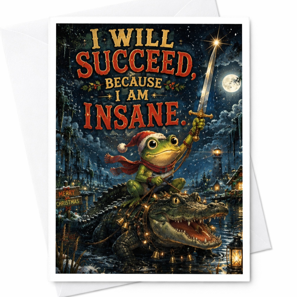 I Will Succeed, Because I Am Insane. Funny Christmas Card Frog Santa Hat Alligator Holiday Greeting Card For Friends C5288
