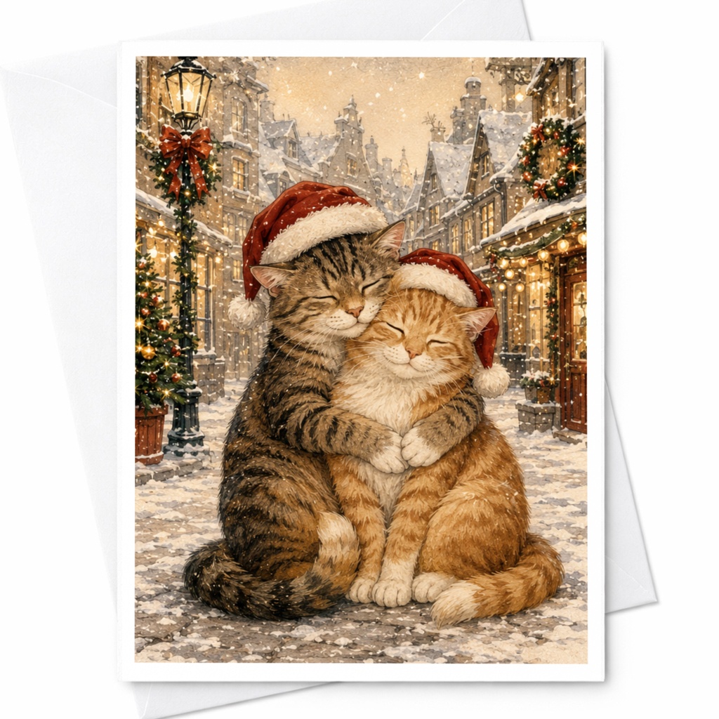 Cats In Santa Hats Christmas Card Cute Holiday Greeting Card For Cat Lovers Winter Scene Festive Cats Cozy Christmas C5293