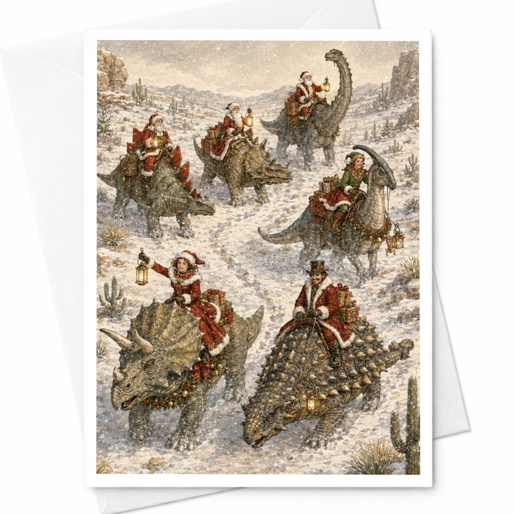 Santa And Dinosaurs Christmas Card Festive Holiday Greeting Card Unique Dinosaur Lover Card Winter Scene For Kids Family C5311