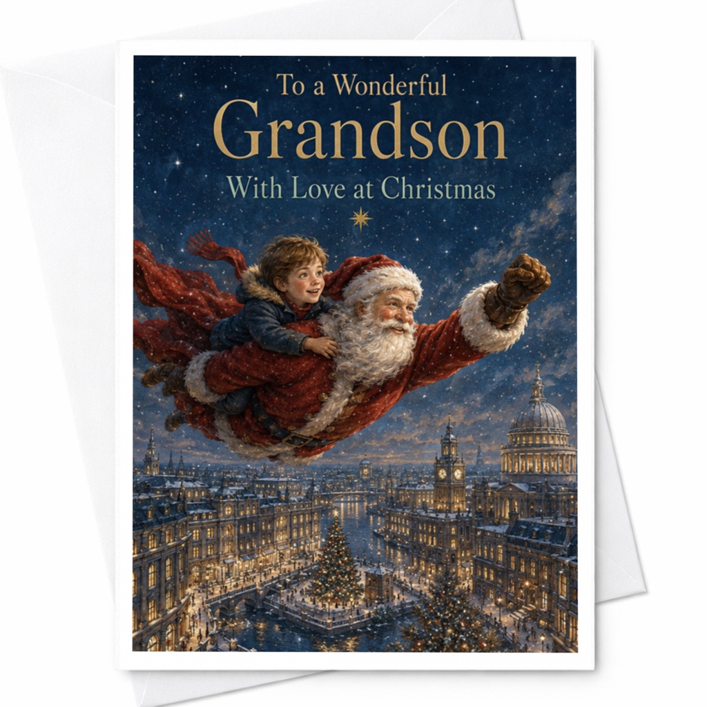 To A Wonderful Grandson With Love At Christmas Santa Flying Card Christmas Card For Grandson Holiday Greeting Card Festive Scene C5316