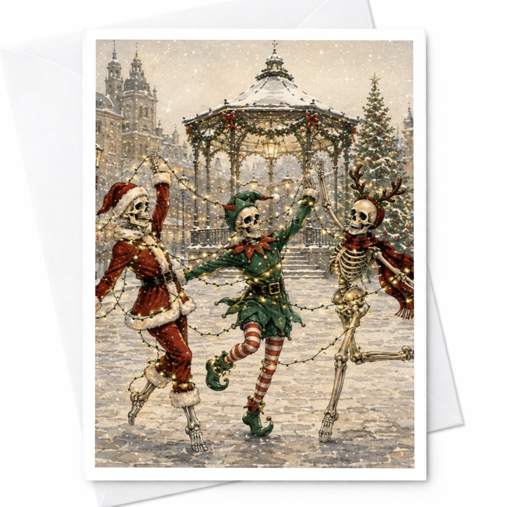 Festive Skeletons Christmas Card Funny Holiday Greeting Card Winter Scene For Friends Family Unique Seasonal C5318
