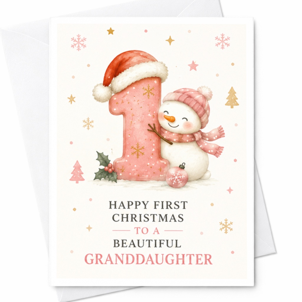 Happy First Christmas To A Beautiful Granddaughter Cute Snowman Christmas Card For Granddaughter 1st Christmas Card C5322