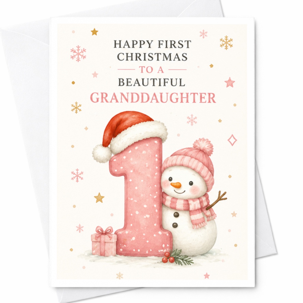 Happy First Christmas To A Beautiful Granddaughter Card Cute Snowman 1st Christmas Card For Granddaughter Holiday Greeting C5323