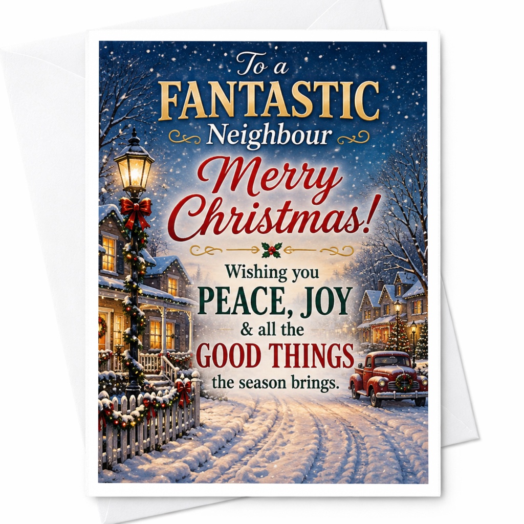 To A Fantastic Neighbour Merry Christmas Card Peace Joy Good Things Holiday Greeting Card Festive Winter Scene C5329