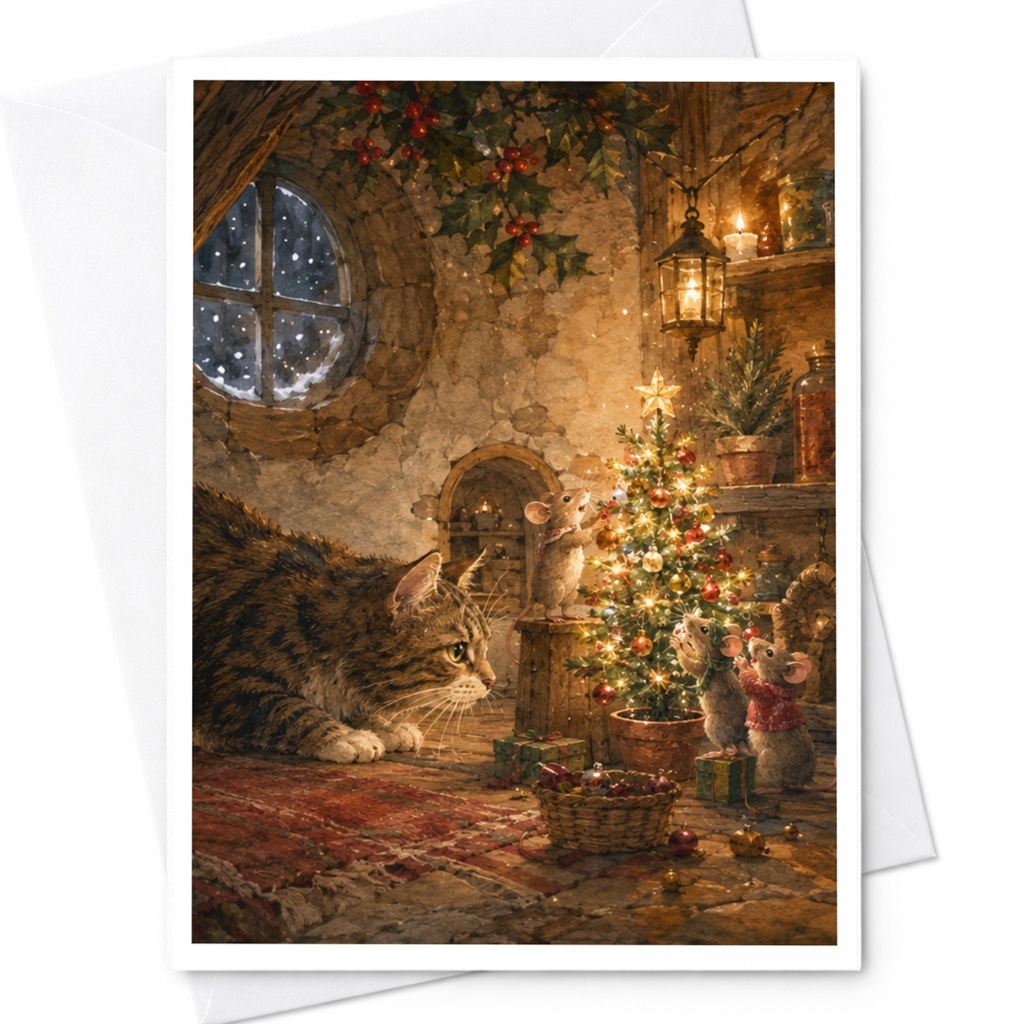 Cat And Mice Christmas Card Cute Holiday Greeting Card For Animal Lovers Festive Winter Scene With Tree And Gifts C5330