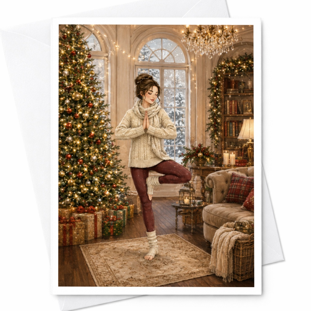 Cozy Christmas Yoga Card Holiday Greeting Card Winter Scene For Her Relaxing Christmas Card Peaceful Holiday Card C5336