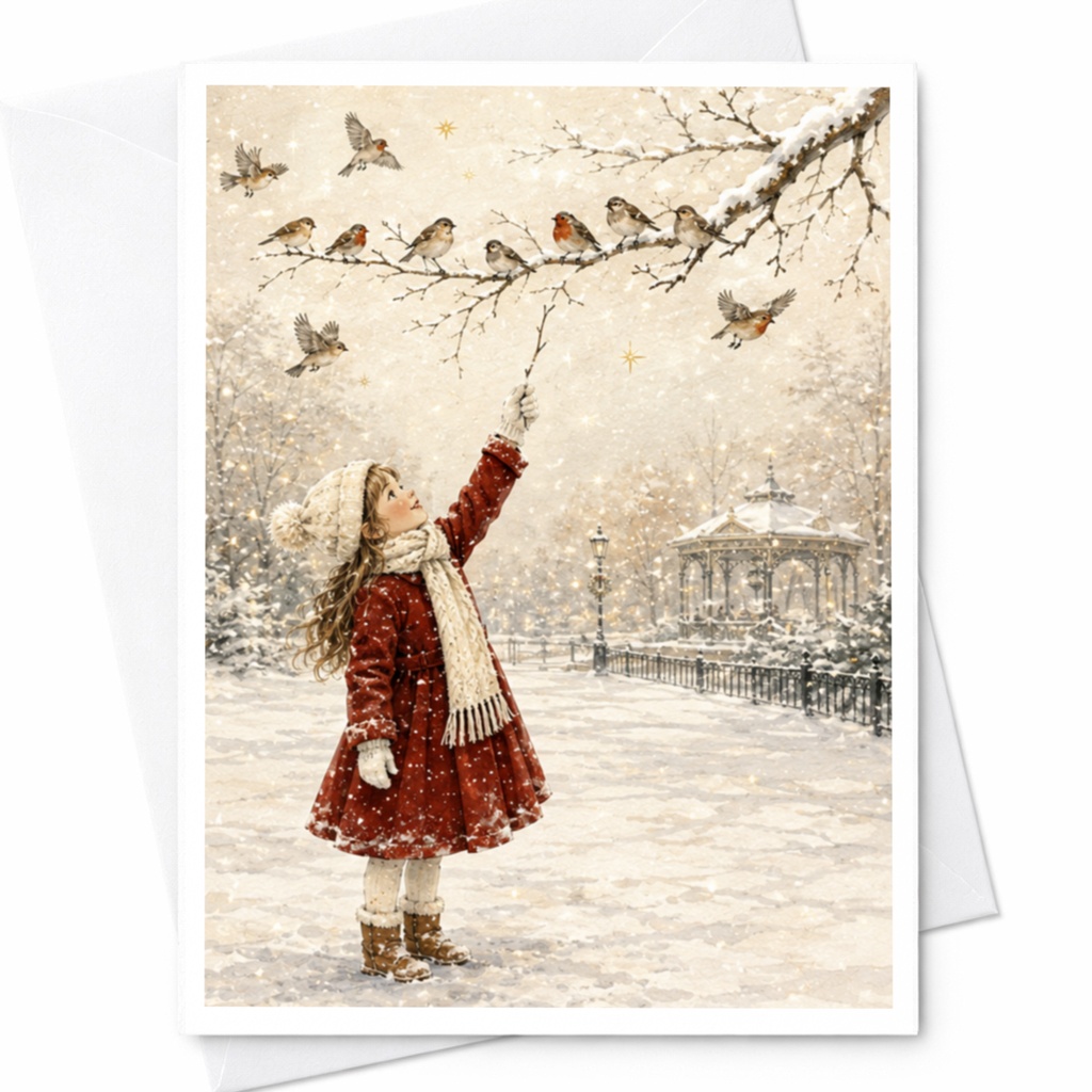 Winter Scene Christmas Greeting Card Girl Reaching Birds Snowy Branch Holiday Card For Her Cute Seasonal Art C5342