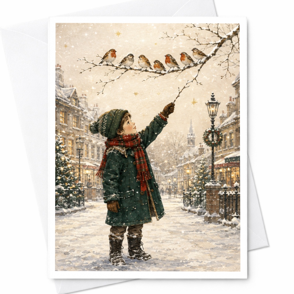 Child Reaching For Birds Christmas Greeting Card Winter Scene Holiday Card For Kids Snowy Village Cute Festive Art C5343