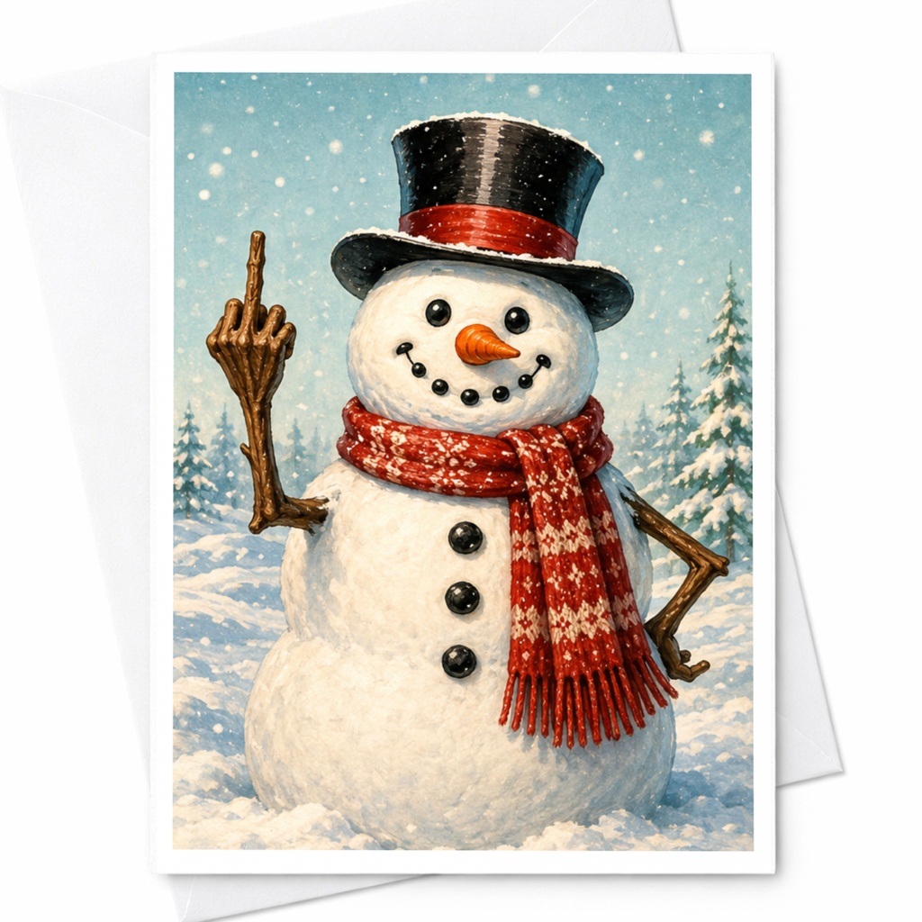 Funny Snowman Christmas Card Winter Greeting Card For Friends Cute Holiday Card With Snowman In Snowy Scene C5347