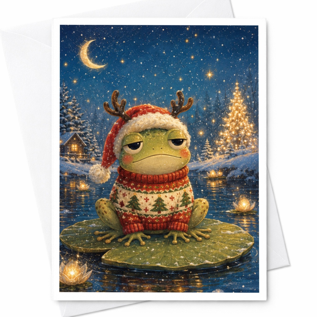 Frog In Christmas Sweater Card Cute Holiday Greeting Card For Grandparents Festive Animal Card Winter Wonderland Scene C5348