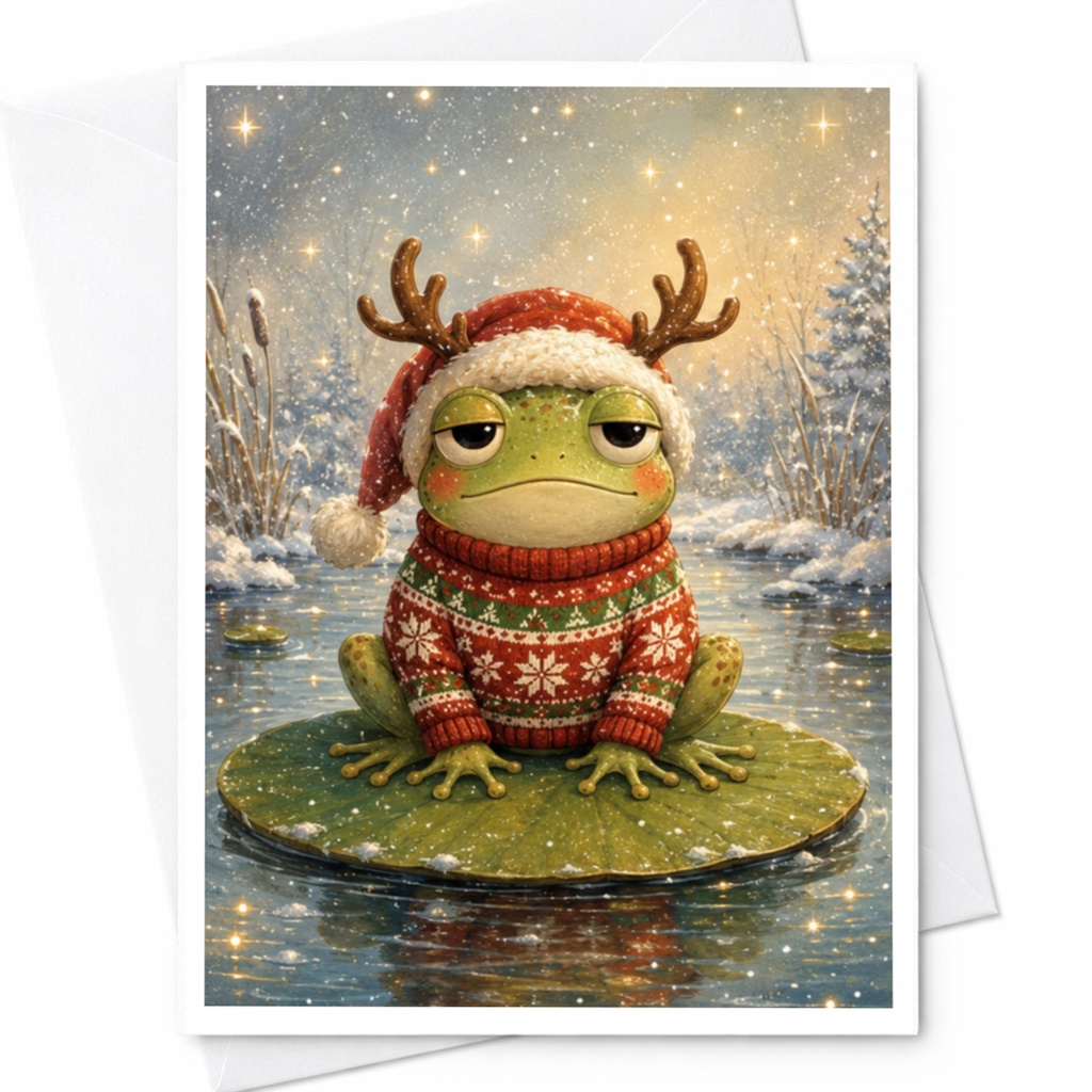 Frog In Christmas Sweater Card Cute Holiday Greeting Card For Grandparents Adorable Reindeer Antlers Festive Winter Scene C5349