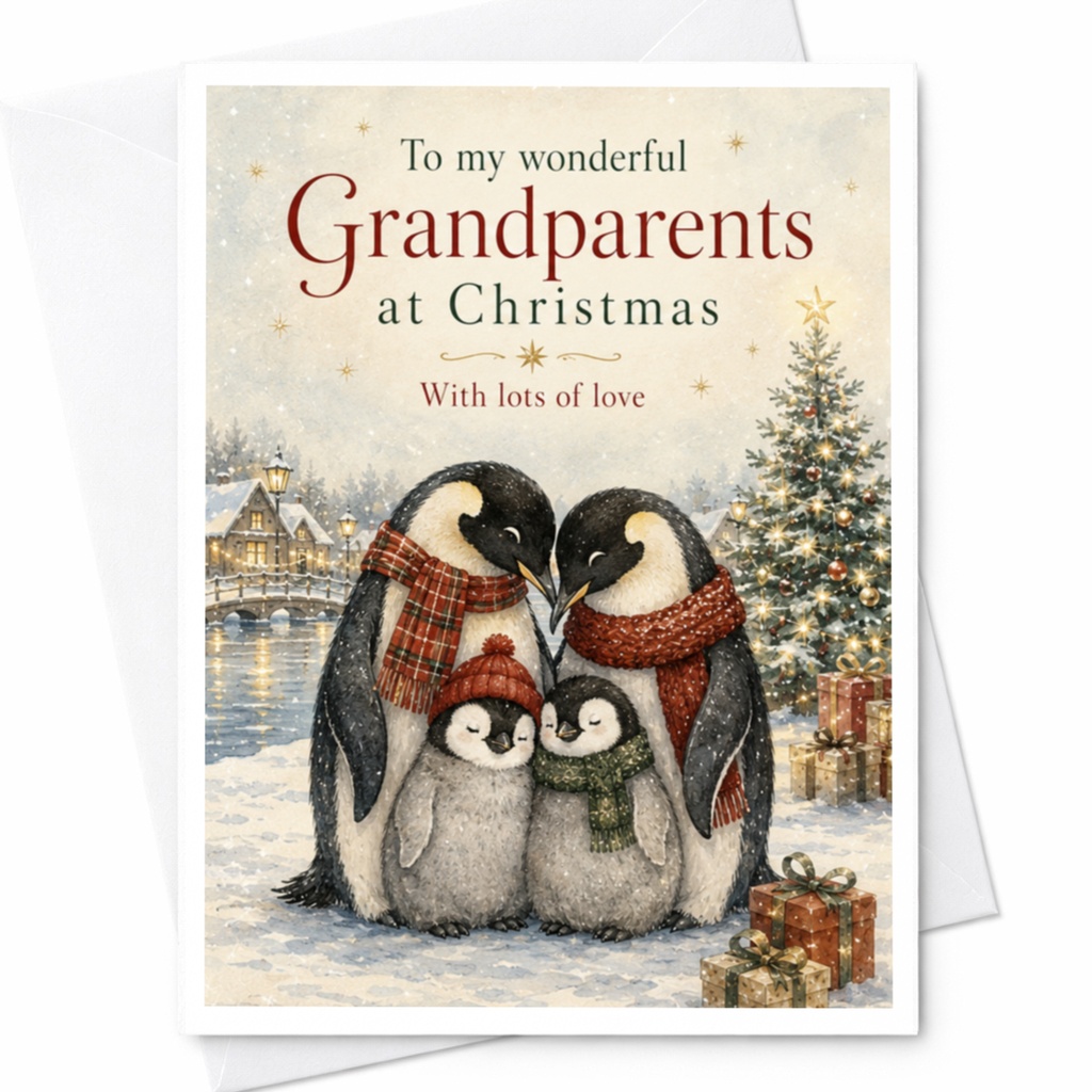 To My Wonderful Grandparents At Christmas With Lots Of Love Christmas Card Cute Penguin Family Holiday Card For Grandparents C5352