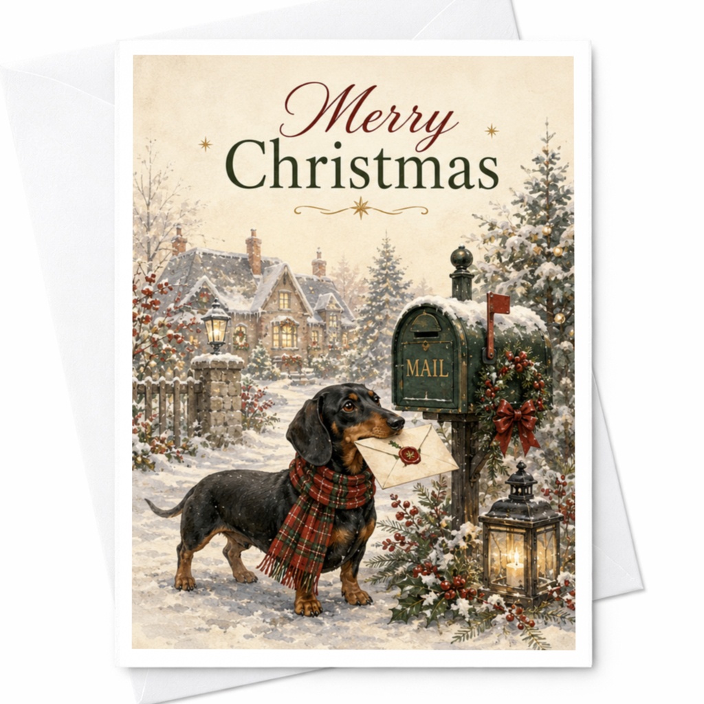 Merry Christmas Cute Dog With Letter Christmas Card Festive Holiday Greeting Card For Dog Lovers Winter Scene C5363