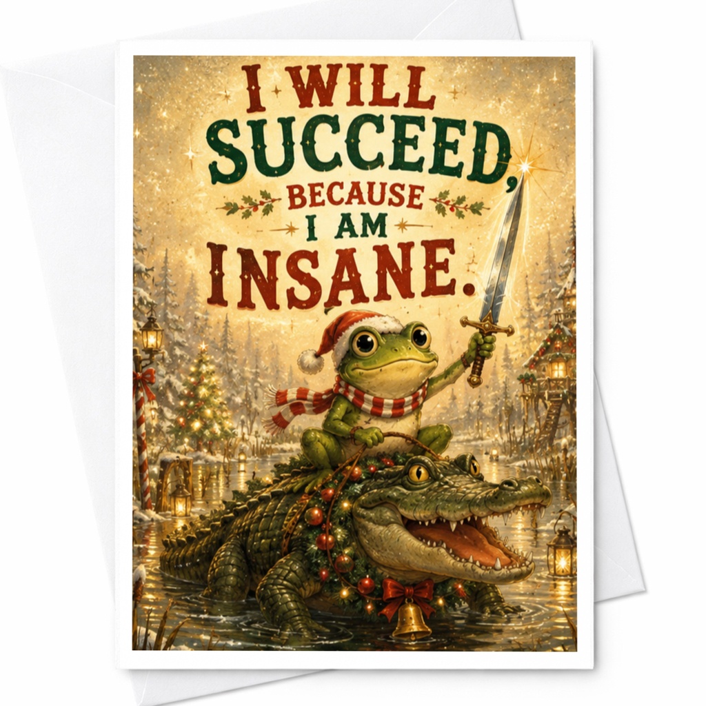I Will Succeed, Because I Am Insane. Funny Christmas Card Frog Alligator Santa Hat Holiday Greeting Card For Friends C5289