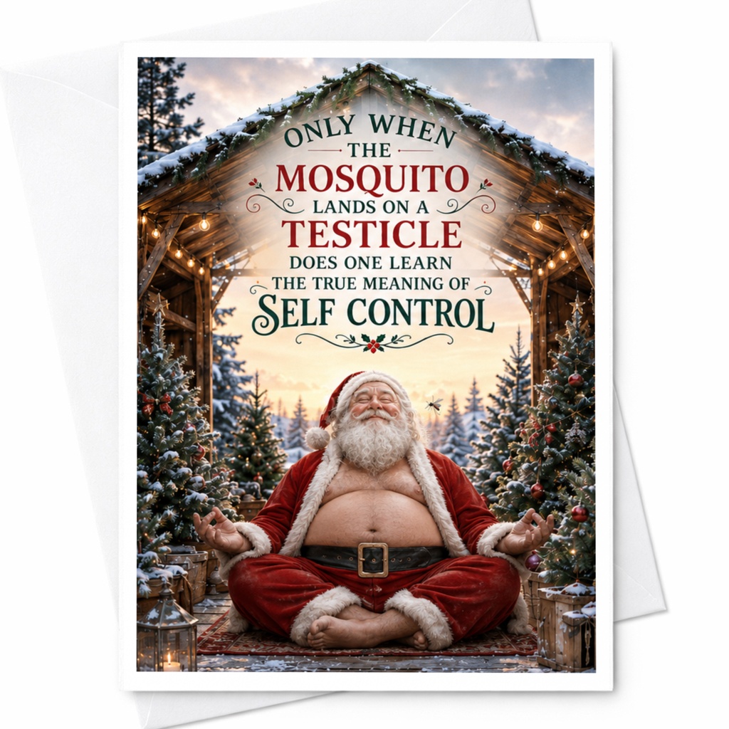 Only When The Mosquito Lands On A Testicle Christmas Card Funny Santa Meditation Holiday Greeting Card For Him C5291