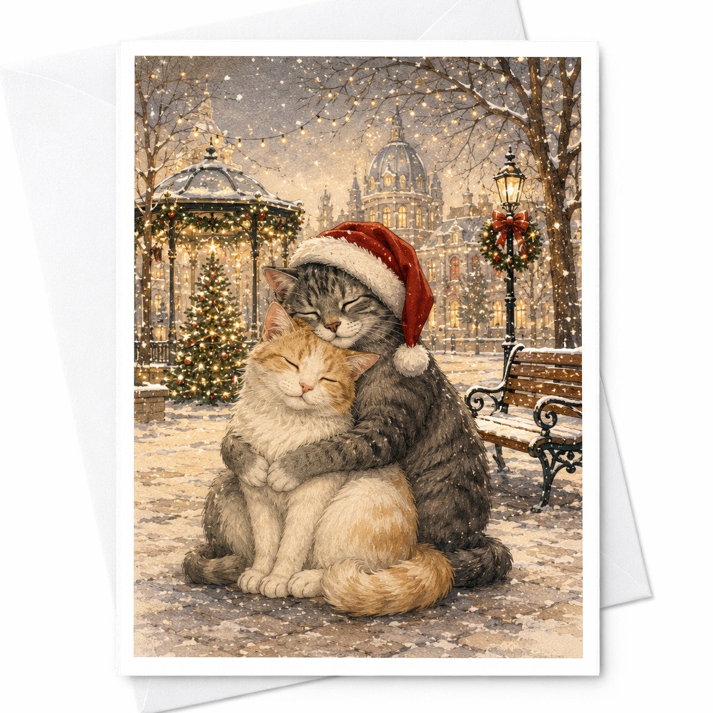 Cat Christmas Card Cute Winter Scene Greeting Card For Cat Lover Holiday Card Cozy Cats In Snow Santa Hat C5292