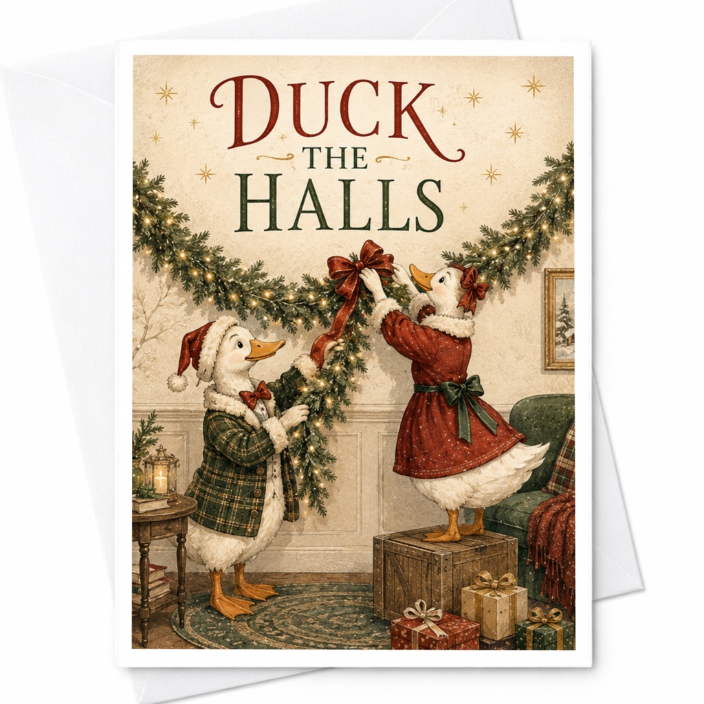 Duck The Halls Funny Christmas Card Whimsical Watercolor Ducks Holiday Greeting Card Cute Animal Pun Festive C5369