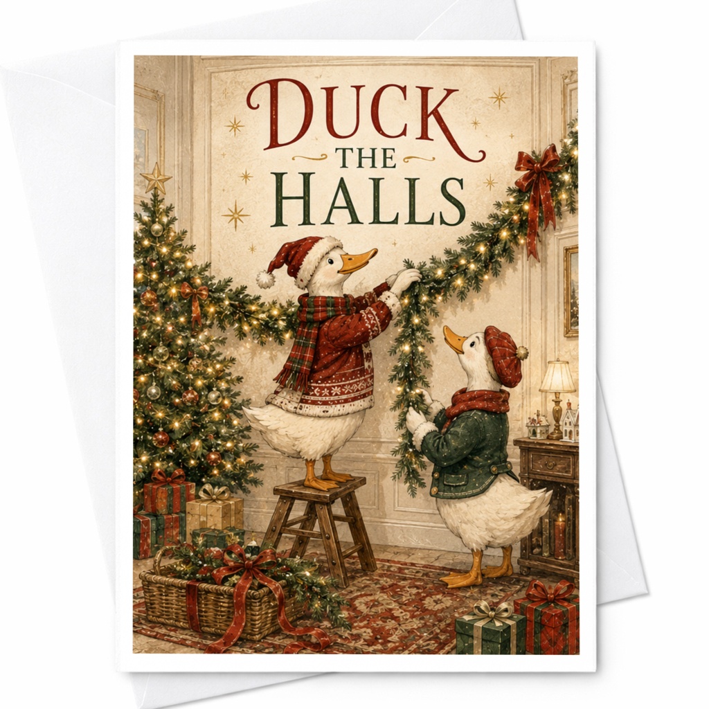 Duck The Halls Funny Christmas Card Whimsical Bird Pun Holiday Greeting Card Cute Ducks Festive Watercolor Illustration C5370