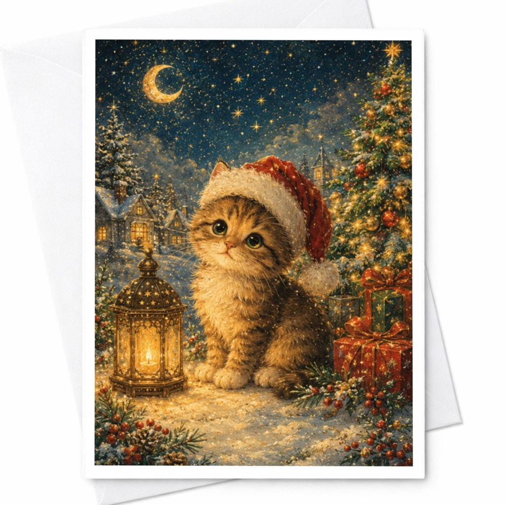 Christmas Kitten With Santa Hat Greeting Card Festive Holiday Cat Card Cute Winter Scene For Cat Lovers Christmas Card C5373