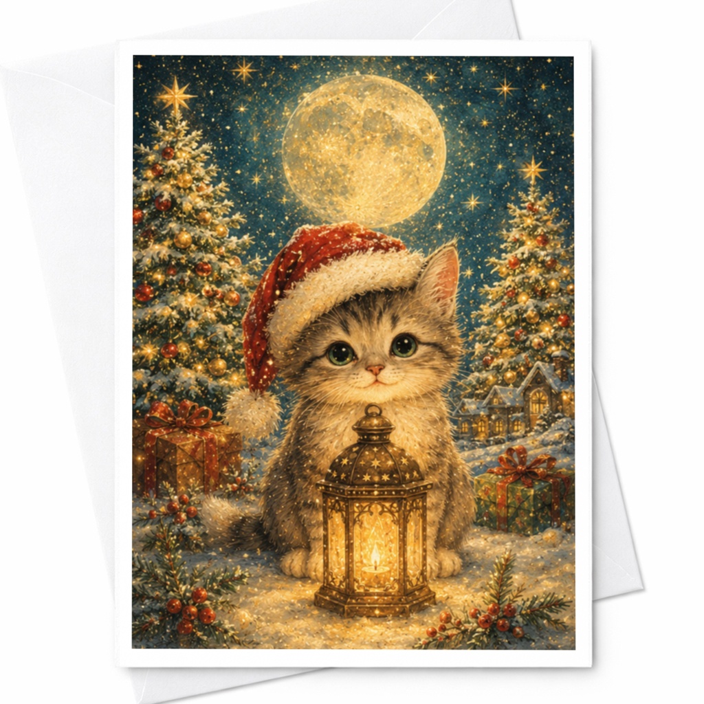 Whimsical Christmas Cat Card Cute Santa Hat Lantern Festive Holiday Greeting Card Winter Scene For Cat Lover Family Friends C5374