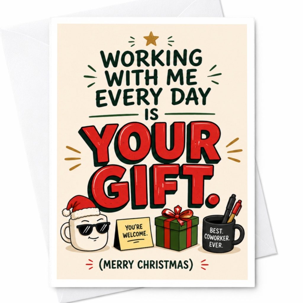 Working With Me Every Day Is Your Gift. Christmas Card Funny Coworker Holiday Greeting Card Office For Colleague C5302