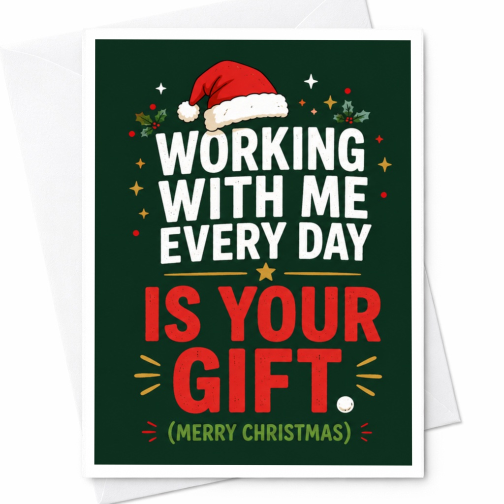 Working With Me Every Day Is Your Gift Christmas Card Funny Holiday Greeting Card For Coworker Office Santa Hat C5303