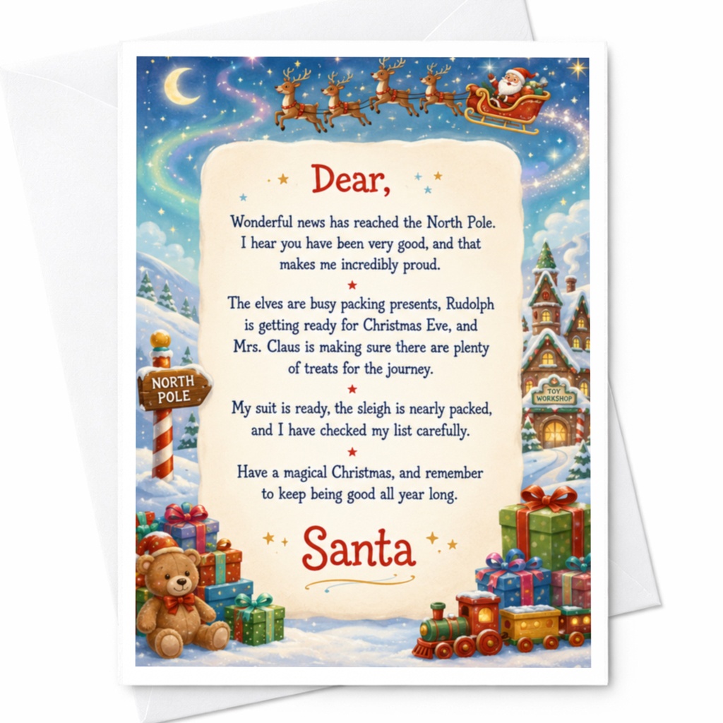 Dear, Wonderful News From Santa Christmas Card Magical Holiday Greeting From North Pole Kids Festive Santa Letter Card C5379