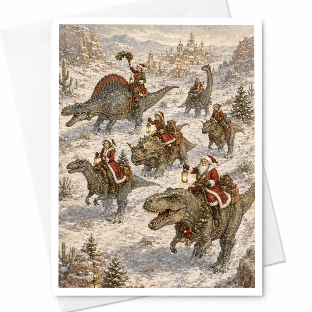 Santa Dinosaur Christmas Card Festive Holiday Greeting Card Unique Santa Claus Riding Dinosaurs Winter Wonderland Card C5310