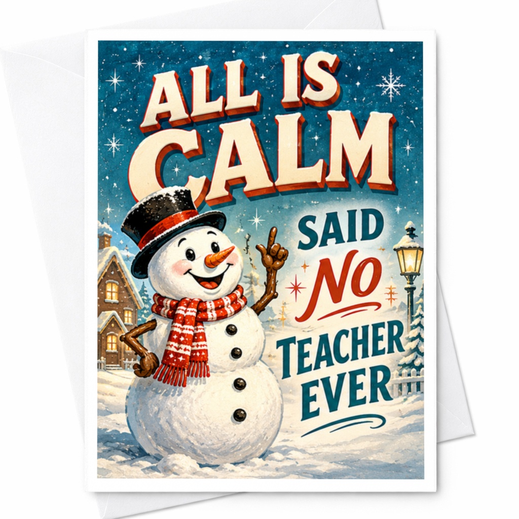 All Is Calm Said No Teacher Ever Funny Christmas Card Holiday Greeting Card For Teachers Snowman C5385