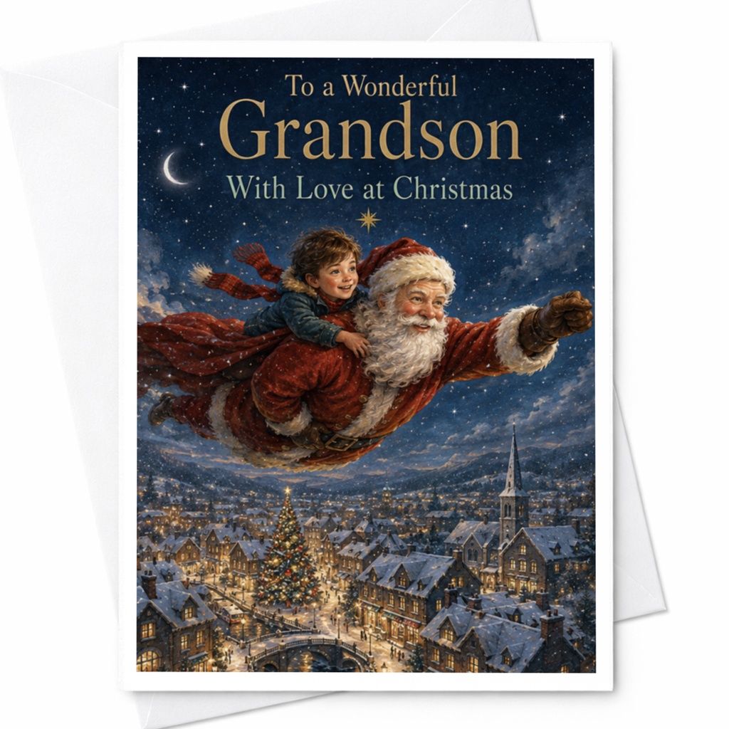 To A Wonderful Grandson With Love At Christmas Santa Flying Card Christmas Card For Grandson Festive Holiday Greeting Card C5317
