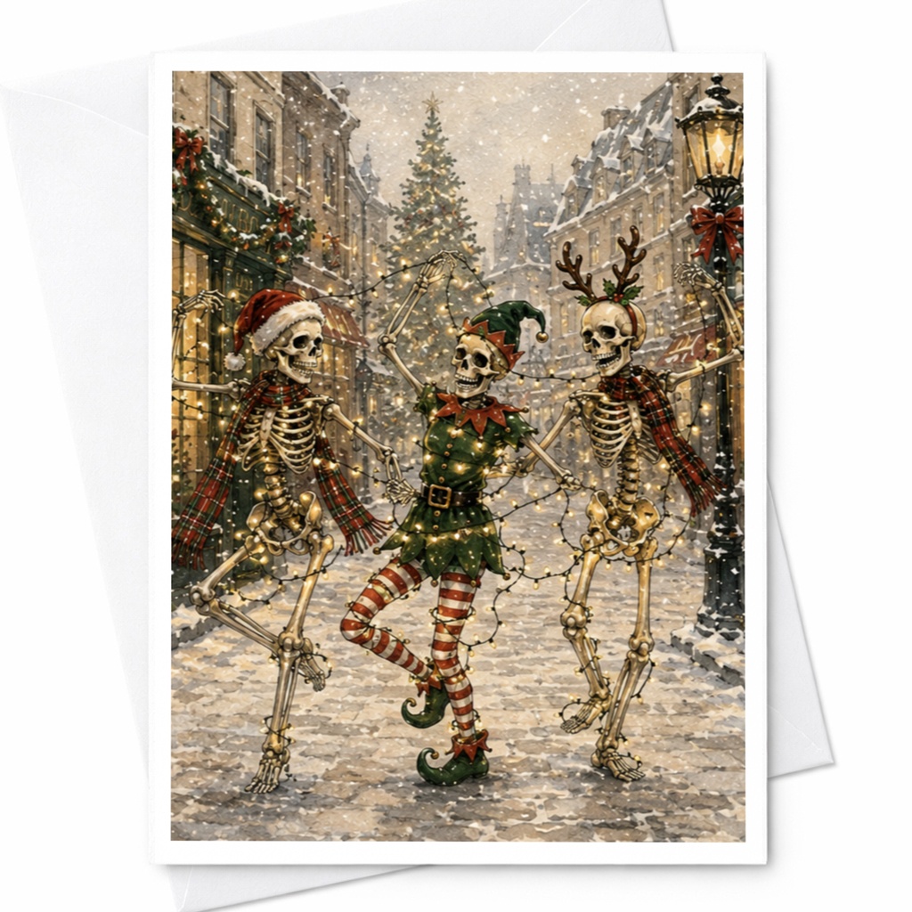 Festive Skeletons Christmas Card Funny Holiday Greeting Card Winter Scene For Friends Family Unique Seasonal Card C5319