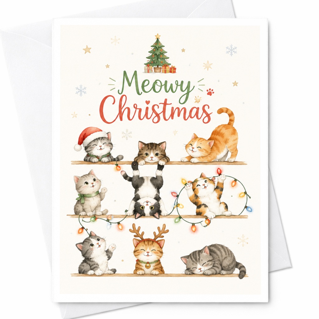 Meowy Christmas Cute Cat Christmas Card Adorable Holiday Greeting Card For Cat Lovers Festive Cats With Lights C5320