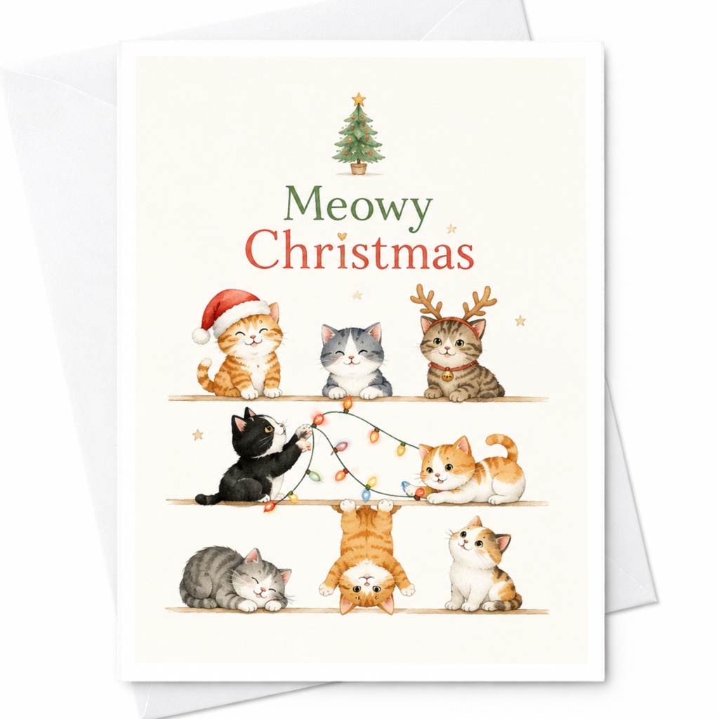 Meowy Christmas Cute Cat Christmas Card Festive Holiday Greeting Card Adorable Cats With Lights For Cat Lovers C5321