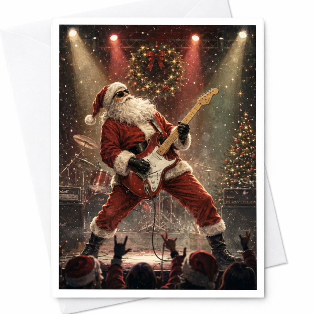 Santa Claus Rocking Guitar Christmas Card Festive Holiday Greeting Card For Music Lovers Fun Santa Card With Envelope C5324