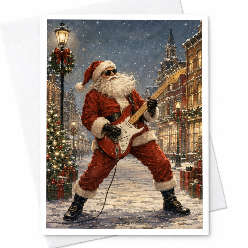 Santa Playing Guitar Christmas Card Festive Holiday Greeting Card For Music Lovers Fun Santa Claus Card With Envelope C5325