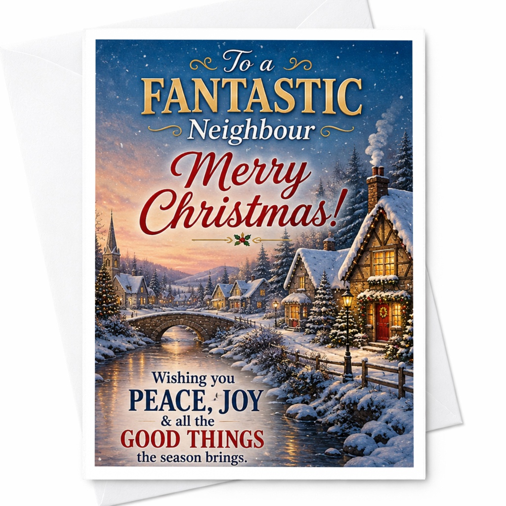 To A Fantastic Neighbour Merry Christmas Card Peace Joy Good Things Holiday Greeting Card For Neighbor Winter Scene C5328