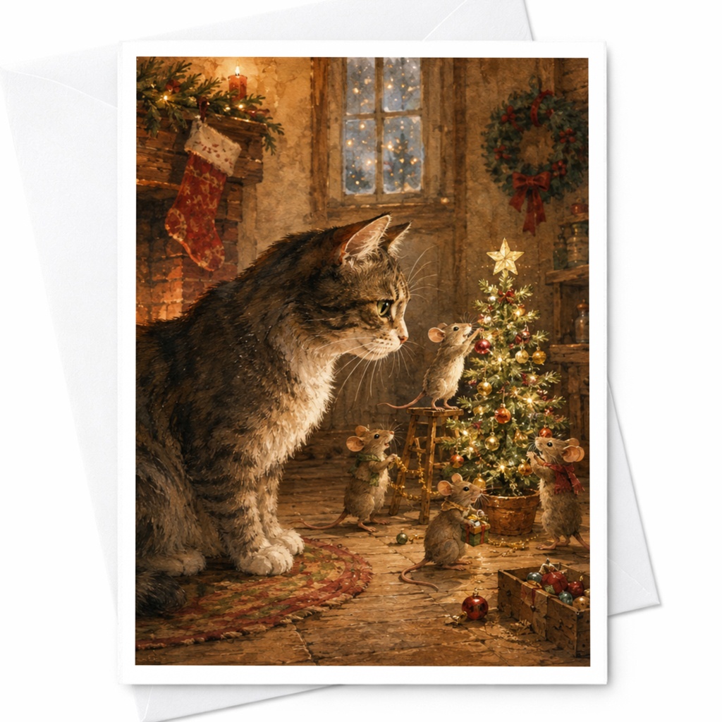Cat And Mice Christmas Card Cute Holiday Greeting Card Festive Animal Scene For Cat Lover Family Friends Seasonal Card C5331