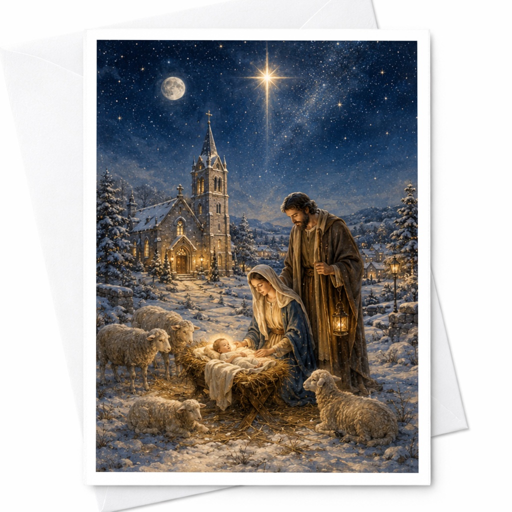 Nativity Scene Christmas Card Religious Holiday Greeting Card For Family Christian Christmas Card Holy Night Scene C5334