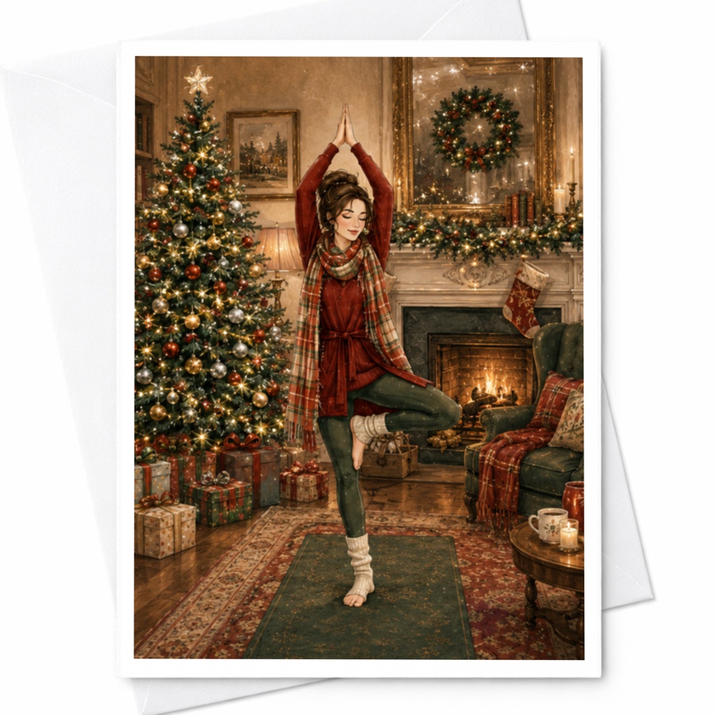 Christmas Yoga Greeting Card Cozy Holiday Scene With Tree And Fireplace Relaxing Festive Card For Her Or Yoga Lover C5337