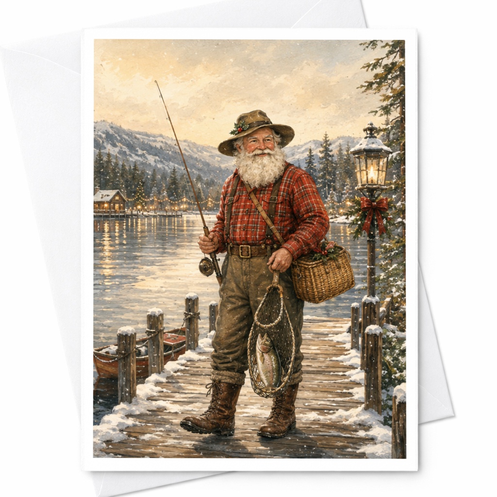 Santa Fishing Christmas Card Winter Scene Holiday Greeting Card For Nature Lovers Festive Season Card With Envelope C5340