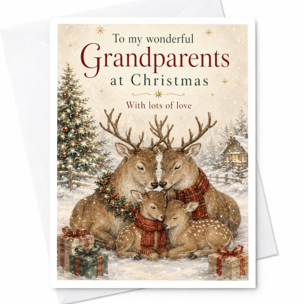 To My Wonderful Grandparents At Christmas With Lots Of Love Christmas Card Deer Family Holiday Greeting Card For Grandparents C5353